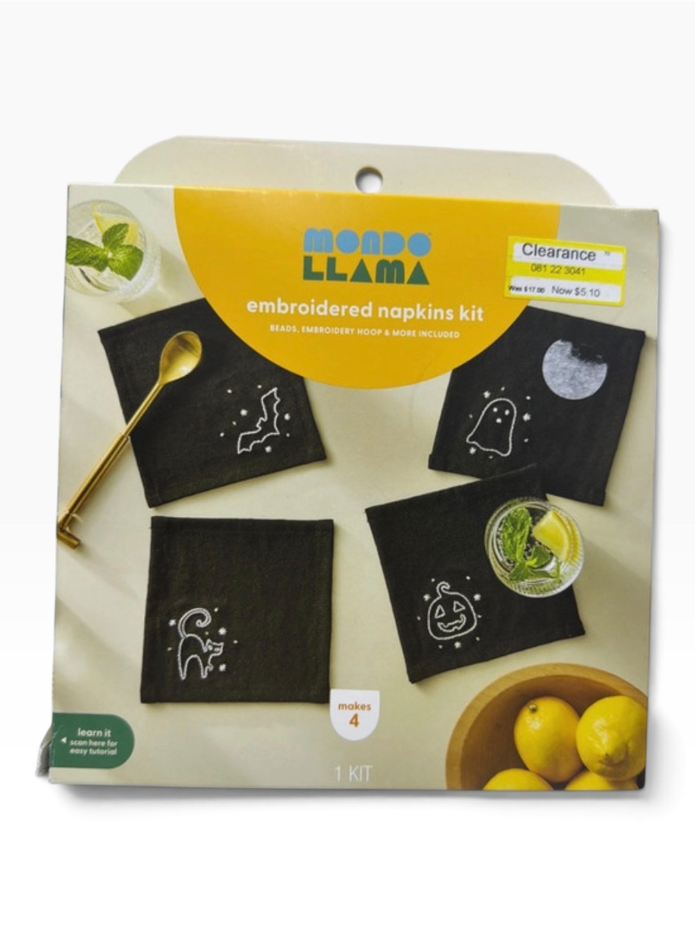 Mondo Llama Halloween Embroidered Napkins Kit Makes 4 Bat Ghost Cat Pumpkin NWT